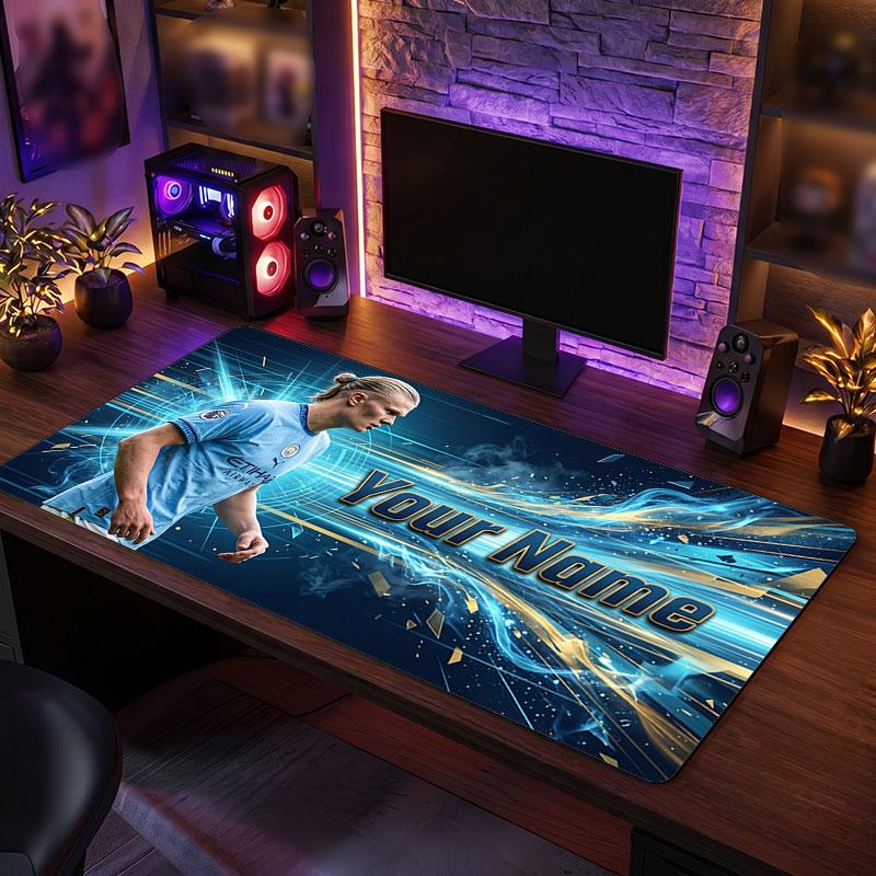 Erling Haaland Custom Large Mouse Pad, Personalized Name Text Print, Football Logo Non‑Slip Desk Mat Gaming Gift