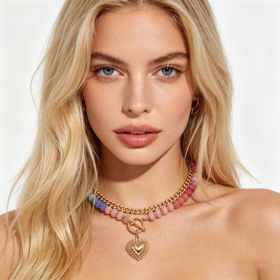 Buntes mehrschichtiges Perlenhalsband Damen Herzanhänger Perlenchoker Süßes Boho-Halsband für Mädchen Urlaub Sommer Strand