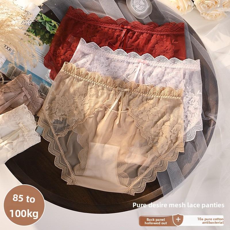 Plus Size Female Summer Sexy Lace Cotton Anti Bacterial Translucent Mesh Briefs