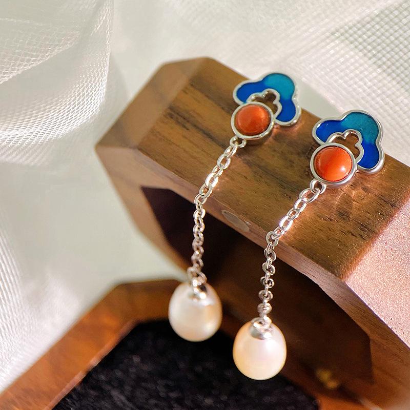 National Style Elegant Auspicious Cloud Tassel Pearl Earrings In The Year of Zodiac High-end Retro Earrings