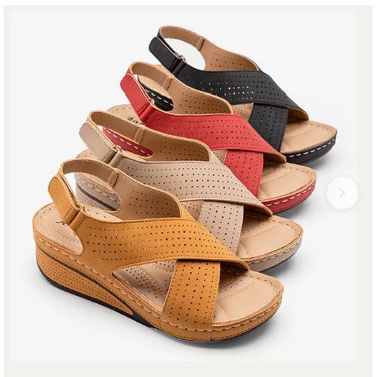 Plus Size Women's Summer Wedge Sandals - Breathable, Velcro Strap, Thick Sole, Hollow Design