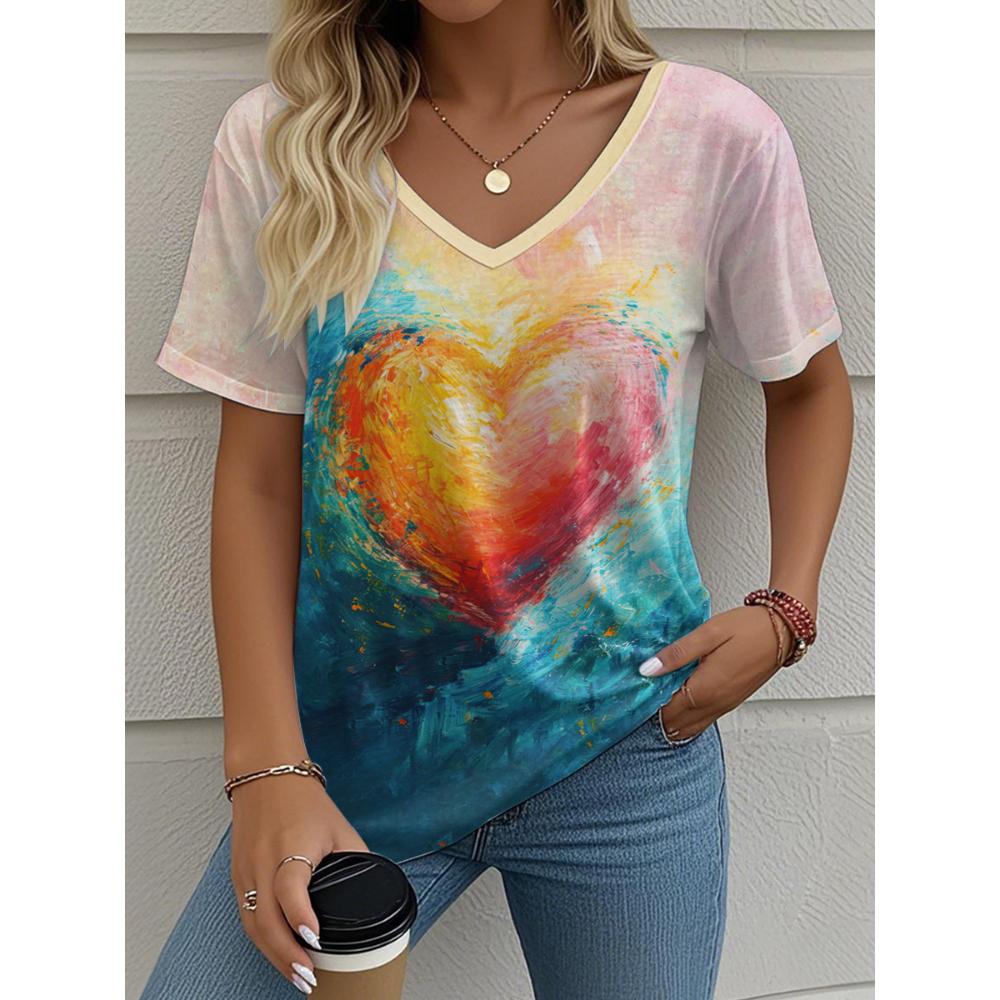 Summer Women's T-Shirt Love Printing Outdoor Retro Fashion Casual Oversized V-Neck Short-Sleeved Women's Clothing