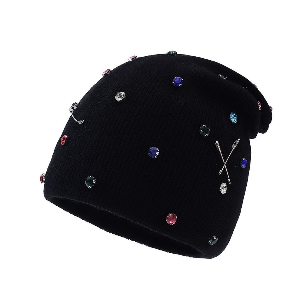 Warm Winter Hat Colored Rhinestone Knitted Pullover Cap Casual Ear Protection Hat Outdoor Sports