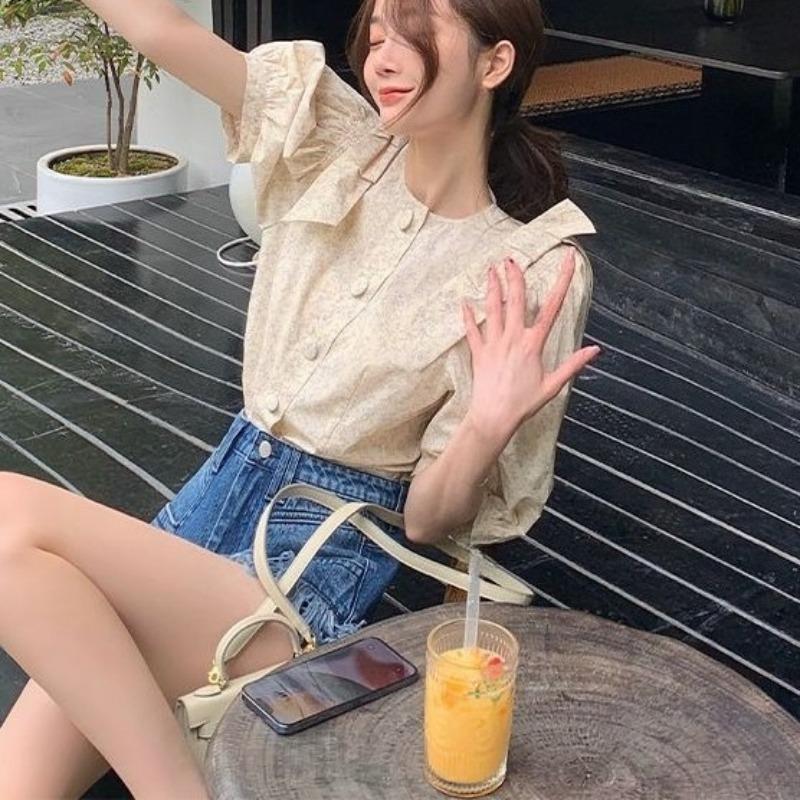 Ladies' Floral Shirt Women's Puff Sleeve Design Round Neck Blouses Summer New Female Korean Version Versatile Loose Top