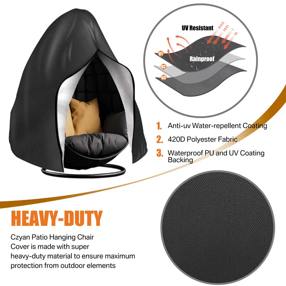 210D Patio Hanging Egg Chair Cover Waterproof Wind-Proof Swing Egg Chair Cover with Zipper Buckle for Outdoor Wicker Single Seat