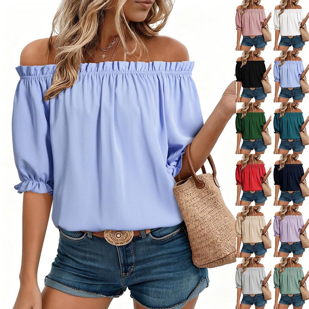 Womens Tops Off The Shoulder Blouses Casual Cute Puff Sleeve T Shirts