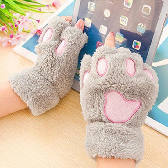 Winter Girl Cute Bear Cats Claw Cashmere Neck Hanging Half Finger Gloves Mittens