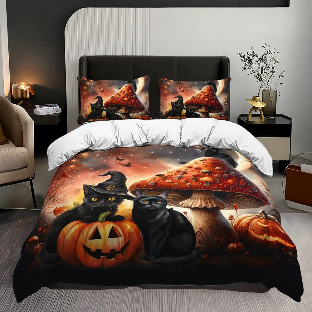 Halloween Bedding Set Black Cat Pumpkin 3D Printed Cozy Duvet Cover Set King Queen Twin Single Size Birthday Gift Bedroom Decor