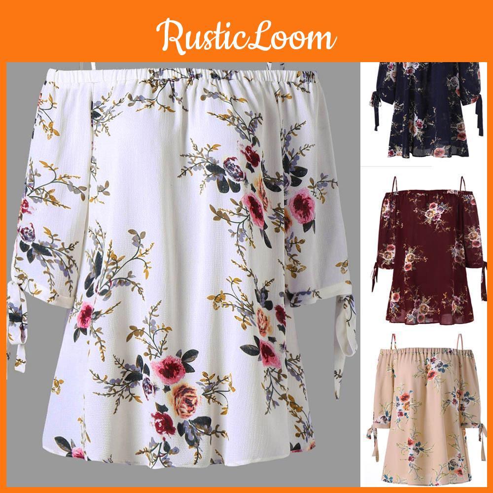 Fashion Womens Plus Size Floral Print Cold Blouse Camis Casual Shoulder Tops For Summer