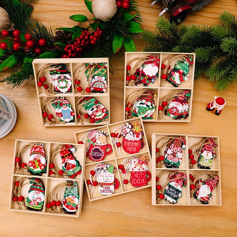 Wooden Christmas Ornaments Snowman Tree Decorations Christmas Gnome Hangable Ornaments Santa Pendant with Rope for Christmas