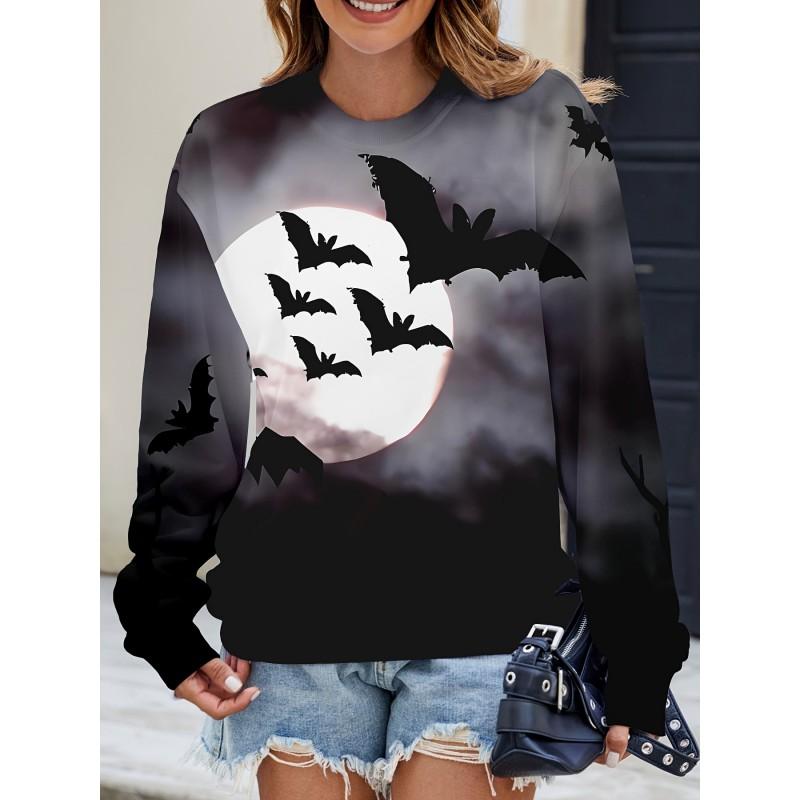 Womens Casual Hoodie With 3D Halloween Print Round Neck Lightweight Breathable Fabric