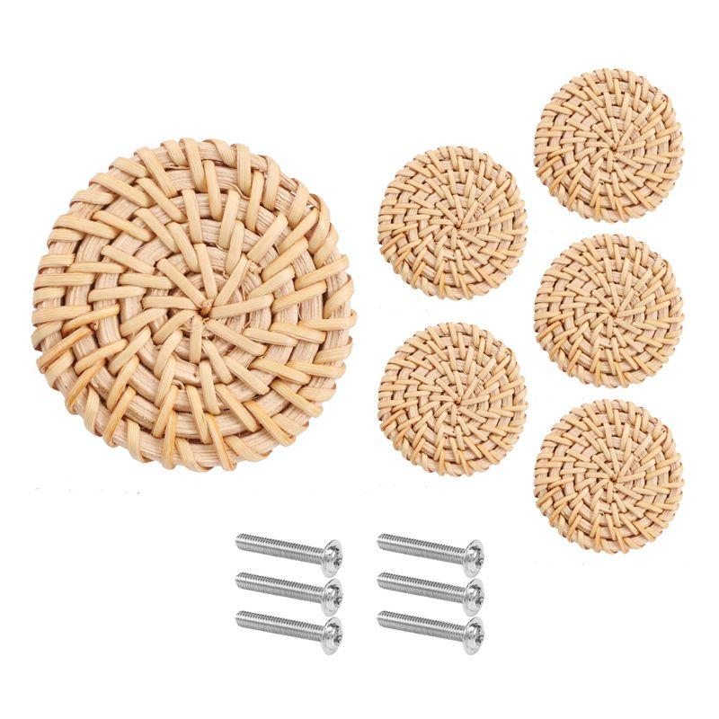 A84X-Boho Rattan Dresser Knobs Round Wooden Drawer Knobs Handmade Wicker Woven And Screws For Boho Furniture Knobs