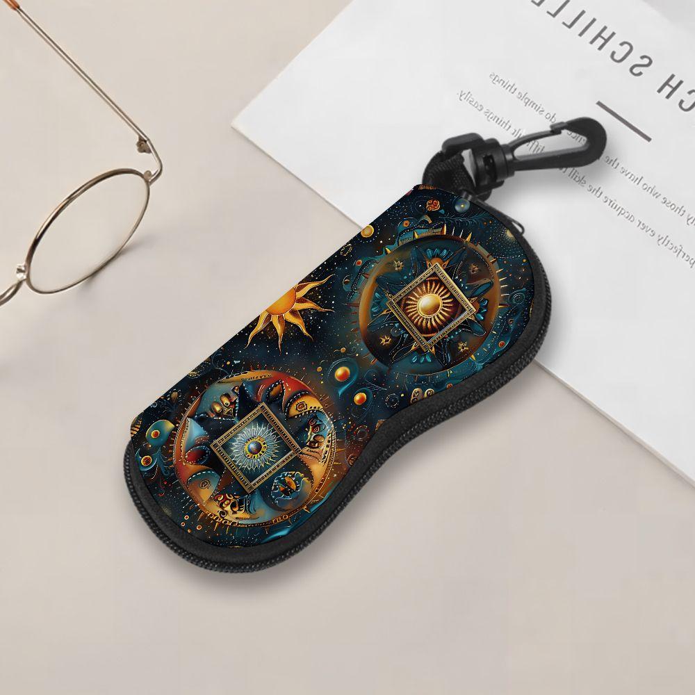 2D-Mystical Celestial Sun Moon Pattern Zipper Sunglasses Case, Protective Eyewear Container for Travel, Vintage Astrology Themed Portable Eyeglasses H