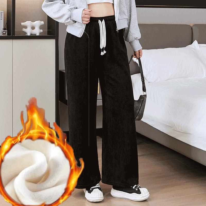 Pants for Women Plus Size Thickened Stretchy Elastic High Waist Long Trousers Solid Colour Fleece Casual Wide Leg Pants