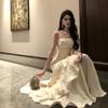 Real Shot Niche Light Luxury High-end Suspender Dress Adult Ceremony Fishtail Birthday Party Dress Ruffle Leaf Edge Long Skirt