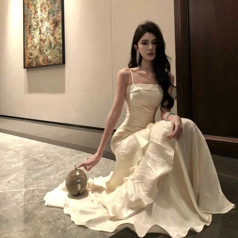 Real Shot Niche Light Luxury High-end Suspender Dress Adult Ceremony Fishtail Birthday Party Dress Ruffle Leaf Edge Long Skirt