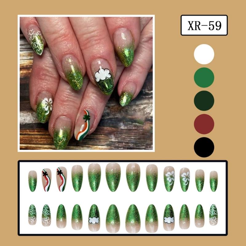 ABS Press On Nail 24Pcs Decorated in Green Glitters Four Leaf Clovers Motif for Festive Look and Good Fortune