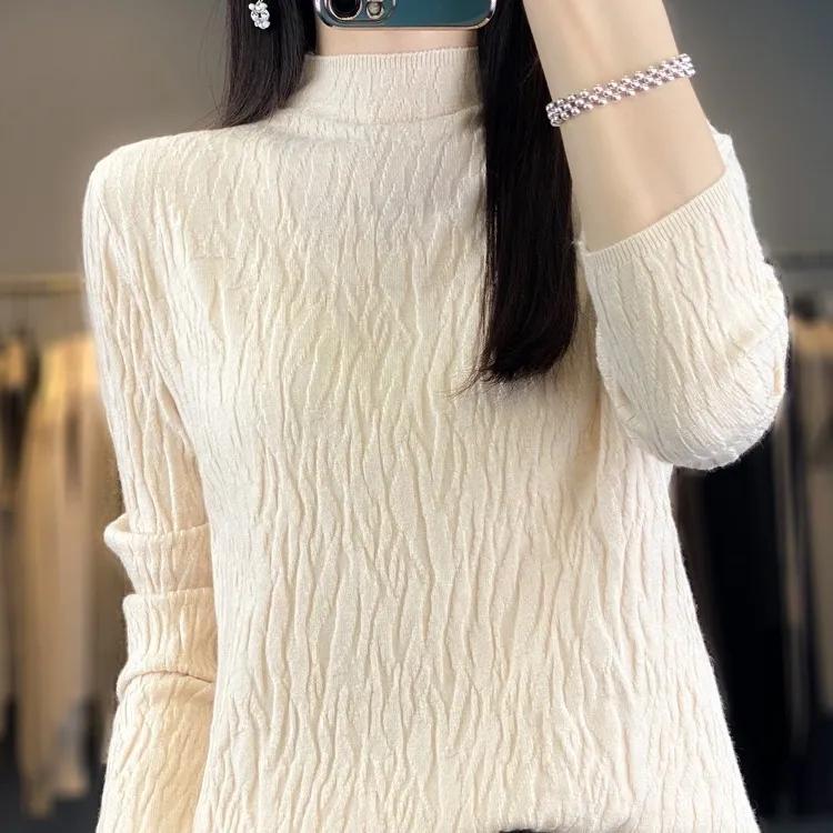Damen Frühling und Herbst Pullover Halber Stehkragen Unregelmäßiger Pullover Weiblich Weich Lässig Gestricktes Oberteil