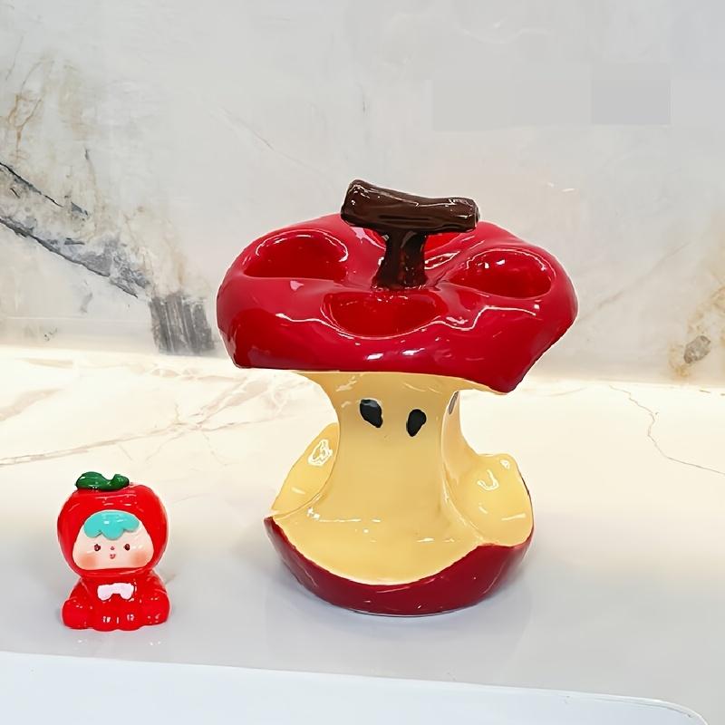 Original Design Fun Apple Core Ceramic Toothbrush Holder -Whimsical Red Yellow Bathroom Decor,Freestanding No Electricity Countertop Organizer