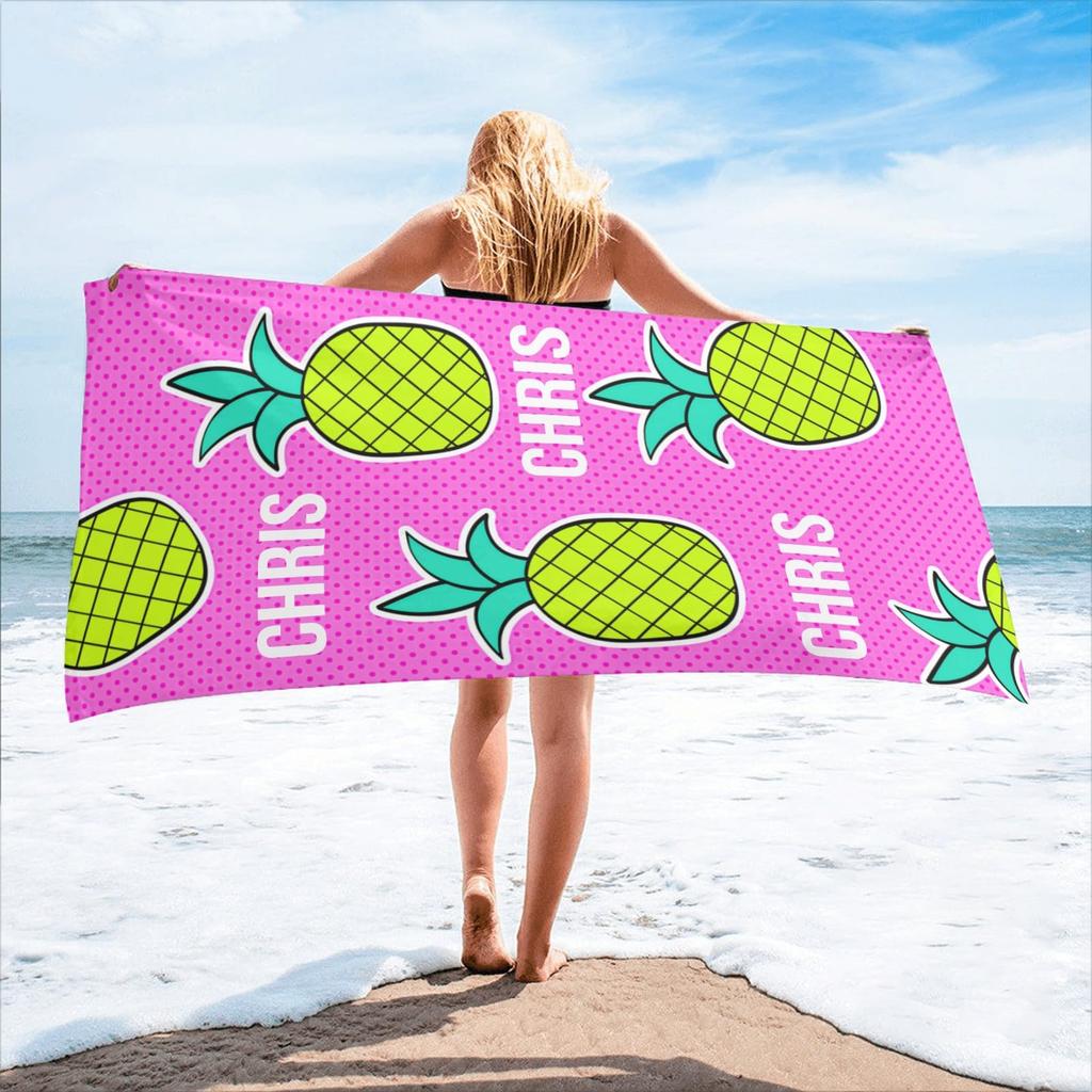 Custom Name Beach Towel Personalized Seaside Summer Beach Print Bath Towel for Kids Women Men Bath Towels for Travel Camp Swim
