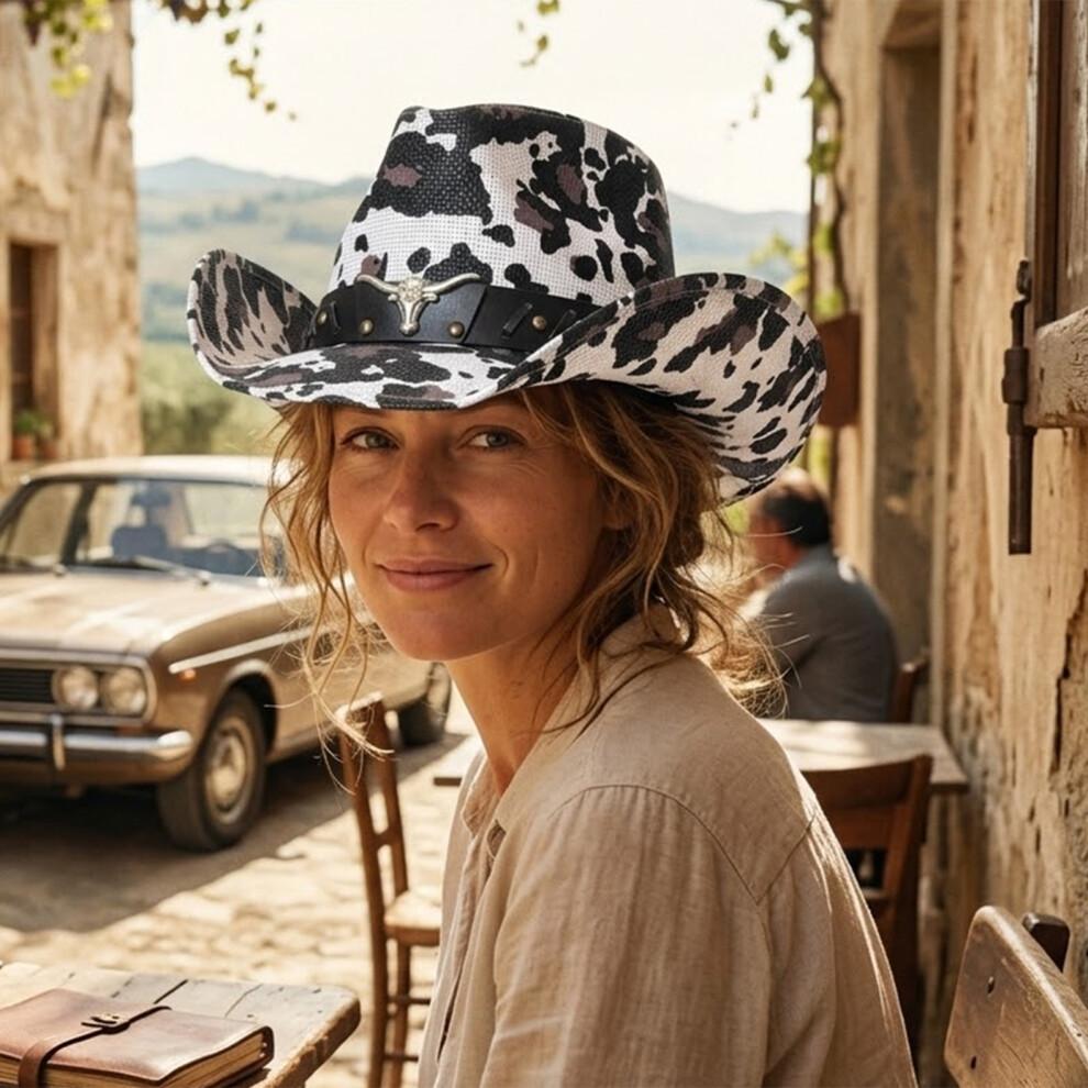 (M, Black) Straw Sun Hat Retro Tie-Dye Cow Spots Print Wide Brim Western Cowgirl Hat
