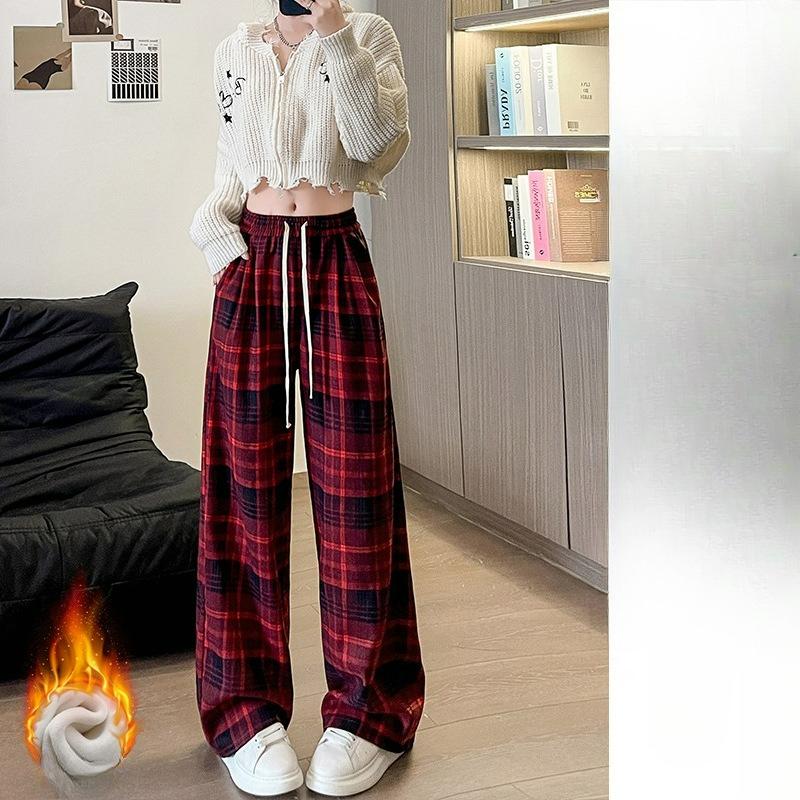 Retro Plaid Pants Women's Autumn and Winter Plus Velvet Pants, High-waisted Loose Casual Pants, Thin Mopping Straight Wide-leg Pants