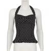 Dámský top bez rukávů s puntíky a zavazováním za krkem, styl „Čistá touha“ obepínající pas