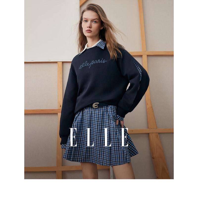 ELLE Plaid Patchwork Round Neck Sweatshirt S