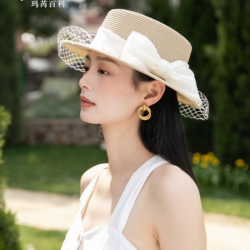 Hepburn Style Mesh Straw Hat For Women, French White Flat Top Sun Cap, Summer New Sun Protection Fedora