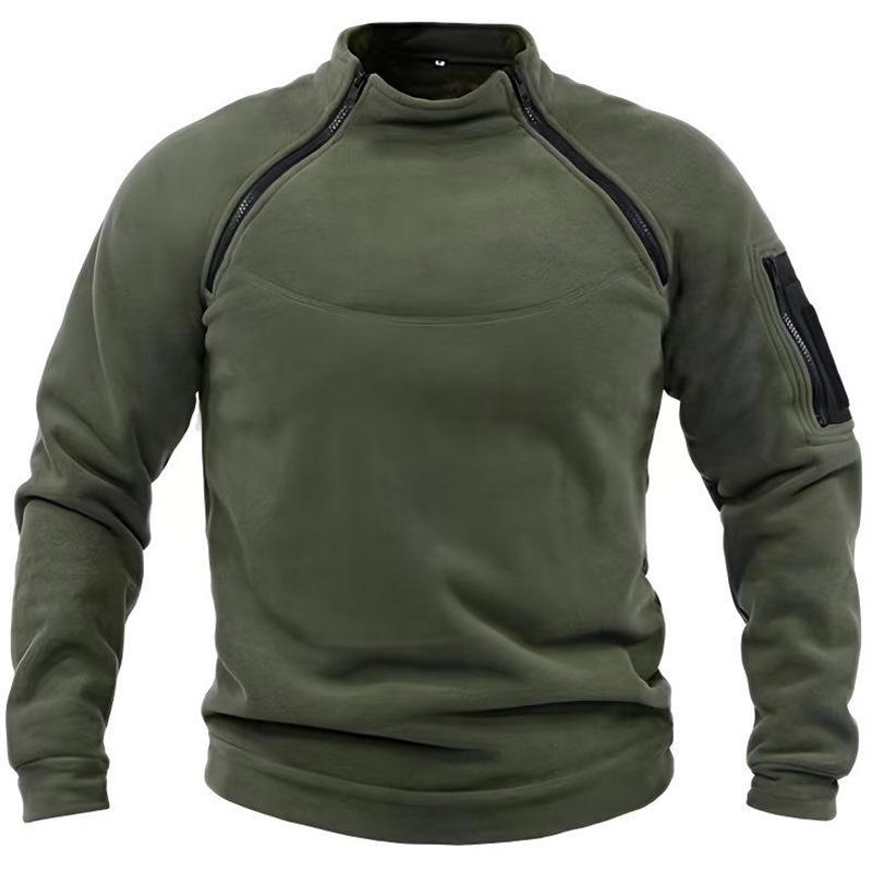 Men's Long-Sleeve Warm Tactical Sweatshirt with Stand-Up Collar, Solid Color, European Size for Spring and Autumn.