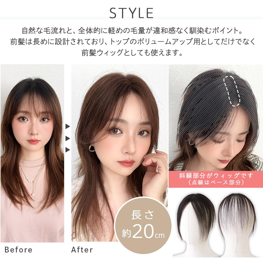 [BrightLala] 100% Human Hair Hairpiece, Fully Hand-Tied Partial Wig, Bangs Wig, Top Cover, Natural-Looking Wig for Women p389-LBK