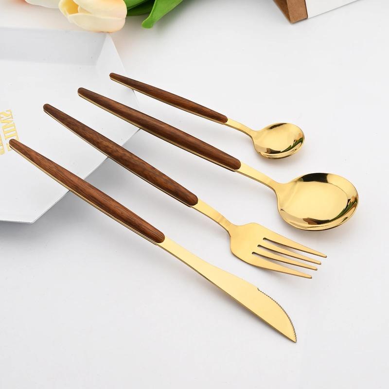 Brown Gold Stainless Steel Dinnerware Set with Imitation Wooden Handle - 4/16 Piece Cutlery Set including Knife, Spoon, Fork