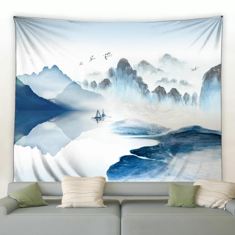Китайский стиль Живопись тушью Горный пейзаж Гобелен Спальня Гостиная Гобелен Украшение — фото 13