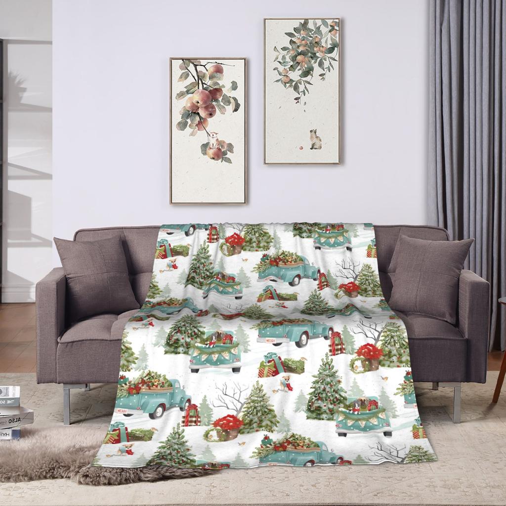 Vintage Christmas Tree Flannel Blanket Warm Soft Throw Blanket for Couch Bed Decorative Print Bedspread Sofa Bed Cover