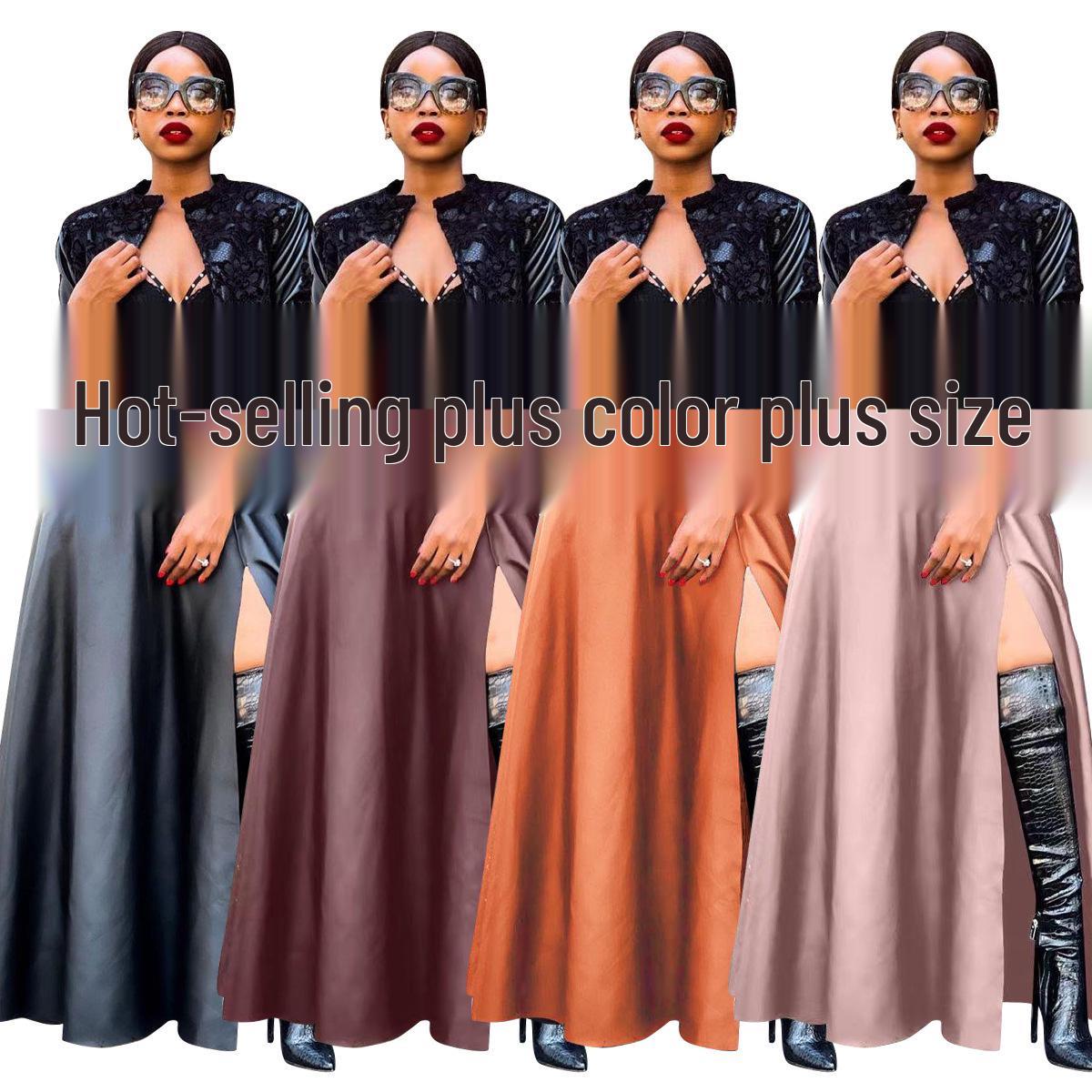 

Sleek Leather Jacket & High-Slit Midi Skirt Set with Irregular Hem - Sexy European & American Style S бордовий