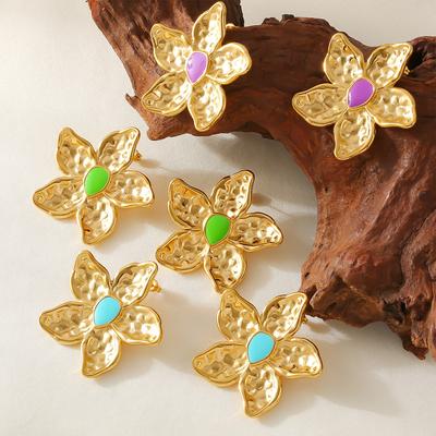 Style Golden Karst Flower Earrings Exaggerated Retro Design 18K Real Gold Plated Stainless Steel Oil Drip Earrings Women