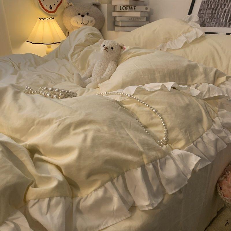 Blue Four-piece Set Celebrity Princess Style Ruffled Quilt Cover Bed Skirt Style Solid Color Three-piece Bedding Set