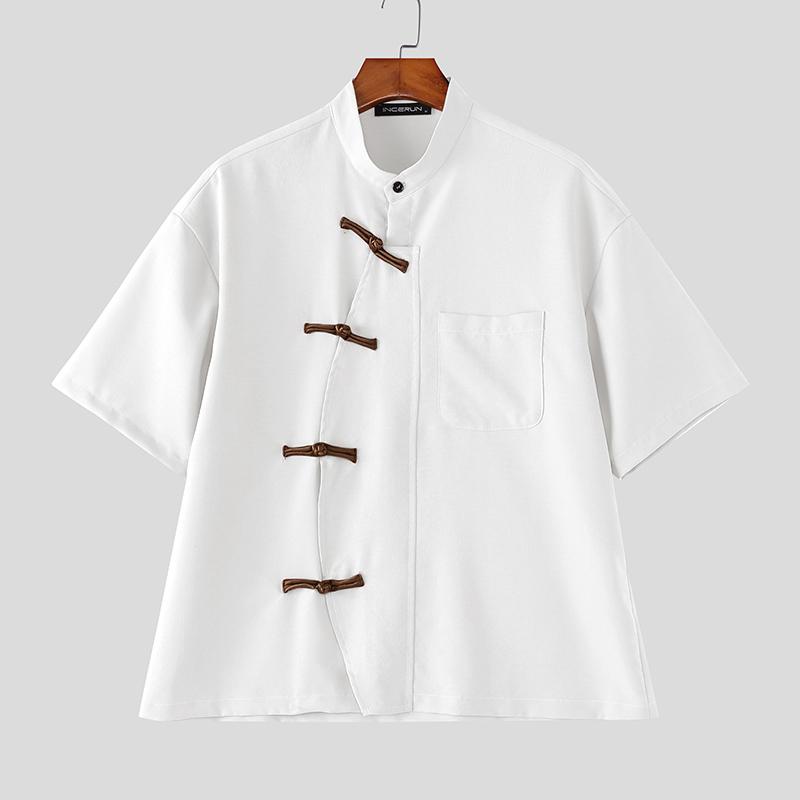 INCERUN Oversized Men Summer Short Sleeve Side Buttons Casual Vintage Tops Shirts