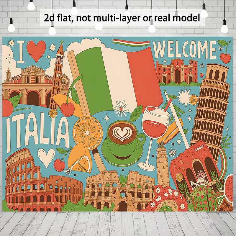 2D I Love Italia Photography Backdrop, Italy Flag, Coffee, Wine and Landmarks Background