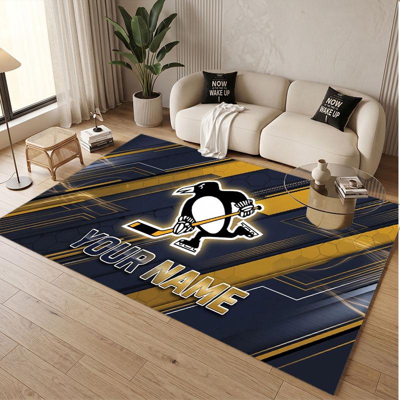 Custom Rug Pittsburgh Penguins Pattern Print Name Text Soft Non‑Slip Floor Carpet for Home Indoor Decoration