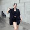 Diseño de Nicho Blazer Negro de Manga Corta para Mujer Verano Empalme de Encaje en la Espalda Hueco Chaqueta de Traje Informal