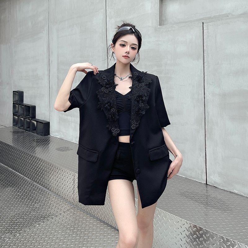 

Niche Design Black Short Sleeve Blazer for Women Summer Back Lace Splice Hollow Out Casual Suit Jacket S чёрный