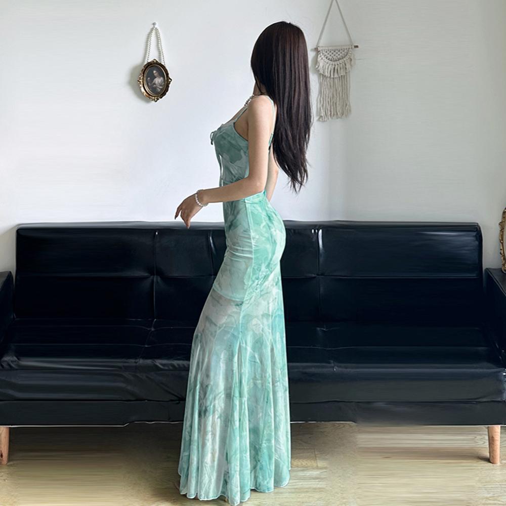 

Морской отдых нежный ветер зеленое размытое цветочное платье-сарафан красивая талия пляжное платье лето M- (recommended 90-50kg)