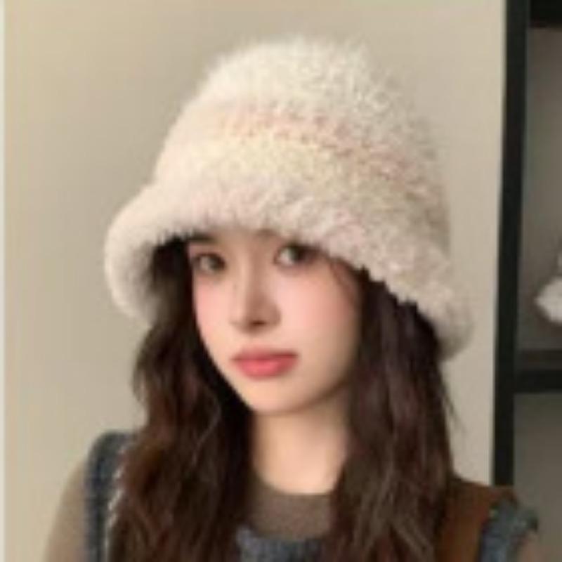 Hats Autumn and Winter Women's Korean Style Woolen Fisherman's Hat Color Blocked Striped Warm Fisherman's Hat Fashionable and Versatile Bucket Hat