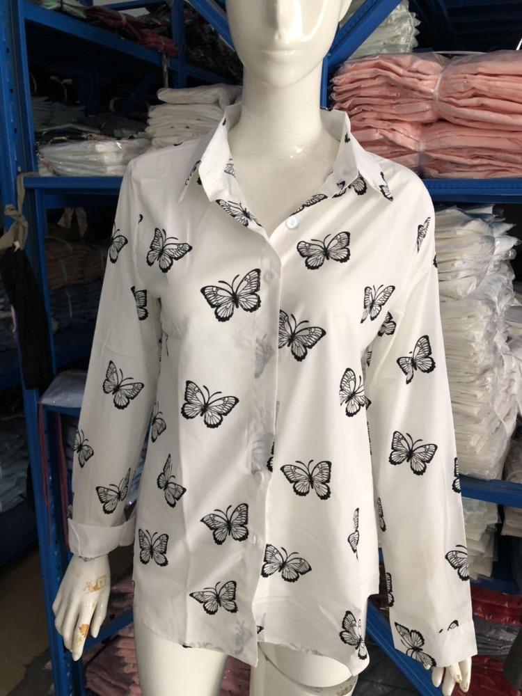 Butterfly Print Lapel Style Shirt Women Loose Fit