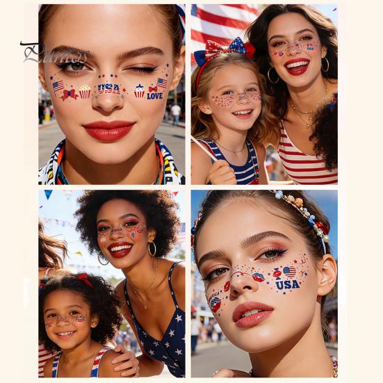 Holiday Tattoo Stickers Waterproof Freckle Tattoos Stickers, USA Flag Face for Independence Safe Skin Decals Day, Patriotic Temporary Body Art