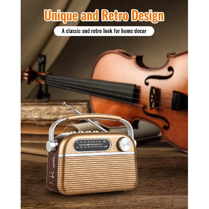 Vintage AM FM Bluetooth Radio mit kraftvollem Klang, Retro Bluetooth Lautsprecher Radio, unterstützt USB/SD-Karte, Netzstrom & Batteriebetrieben