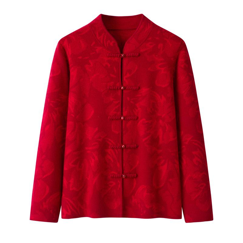 Red Wool Tang Suit Sweater Coat with Stand Collar & Frog Buttons for Women