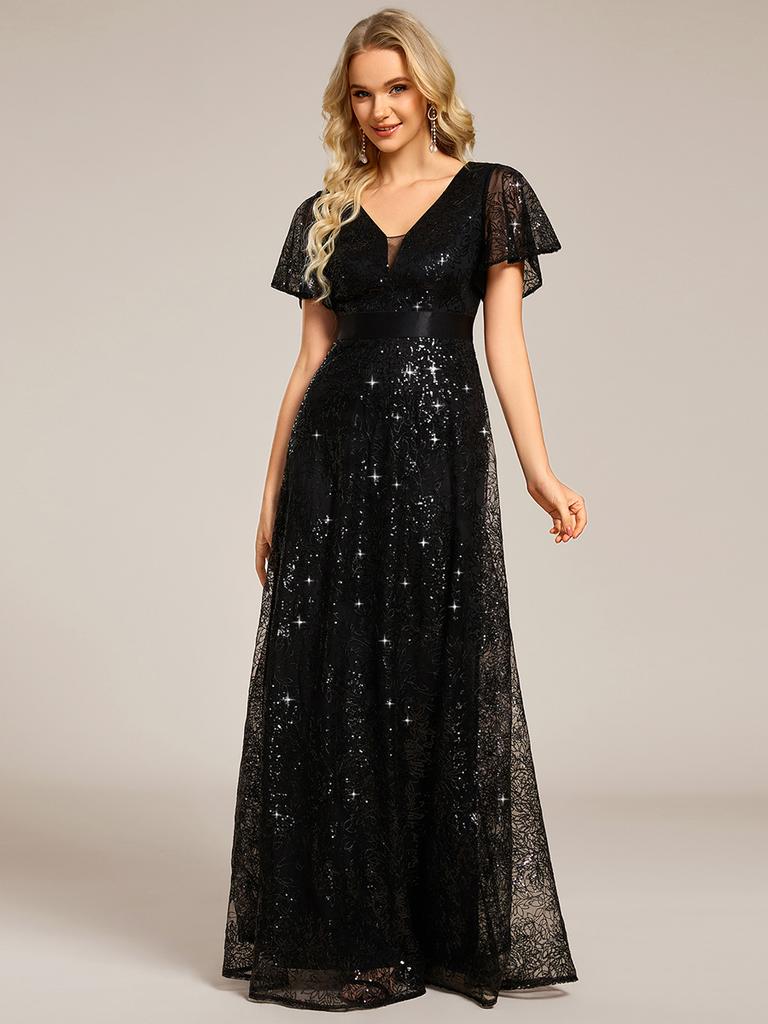 Ever-Pretty Damen Exquisite Illusion V-Ausschnitt Pailletten Stickerei Maxi Abendkleider mit Rüschen Ärmel