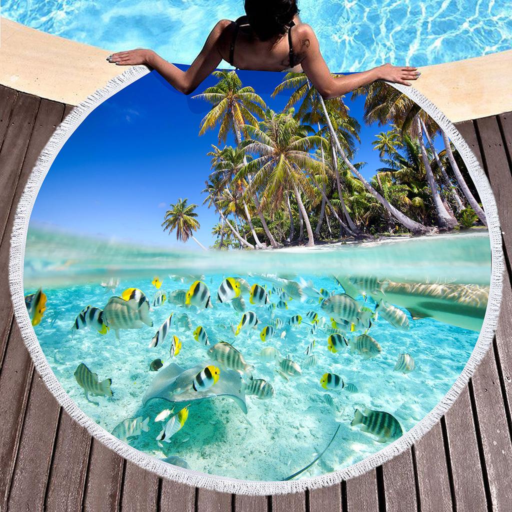 Ocean Hawaiian Tropical Sea Fish Print Round Beach Towel, Soft Microfiber Sealife Beach Blanket,Absorbent Quick Dry Pool Towel